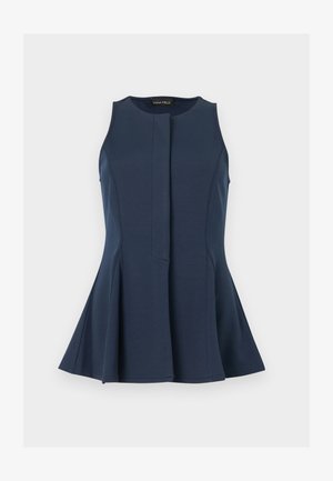 Αμάνικη μπλε ναυτική μπλούζα με πεπλούμ και στρογγυλή λαιμόκοψη, με κρυφό μπροστινό κούμπωμα, απεικονίζεται σε ανοιχτό γκρι φόντο.