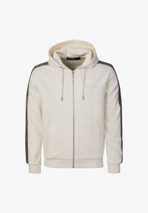 Roomkleurige hoodie met ritssluiting, trekkoorden, steekzakken aan de voorkant en donkere gestreepte patronen langs de mouwen, met subtiele logo-borduursels op de borst.
