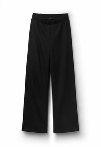 Pantalones de pierna ancha negros con una tela suave y elástica. Presenta una cinturilla elástica y sin herrajes visibles. Diseño simple y versátil.
