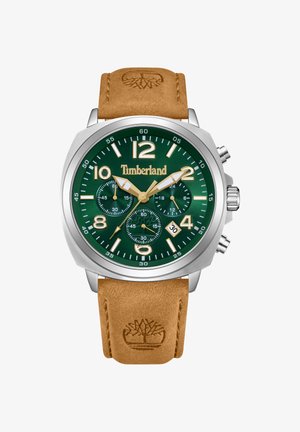 Reloj con esfera verde y caja de acero inoxidable plateado, correa de cuero marrón, detalles en oro y sub-esferas de cronógrafo. Presenta los números 12 y 6.