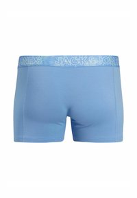 Light blue boxer shorts made of stretch fabric, featuring a patterned waistband with "JACK & JONES" branding in white.