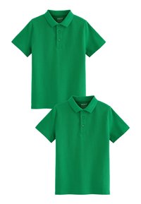 Duros žali polo marškinėliai iš medvilnės, su apykakle, trumpomis rankovėmis ir trijų mygtukų plokštelėmis. Lygus tekstūra, vientisa spalva.