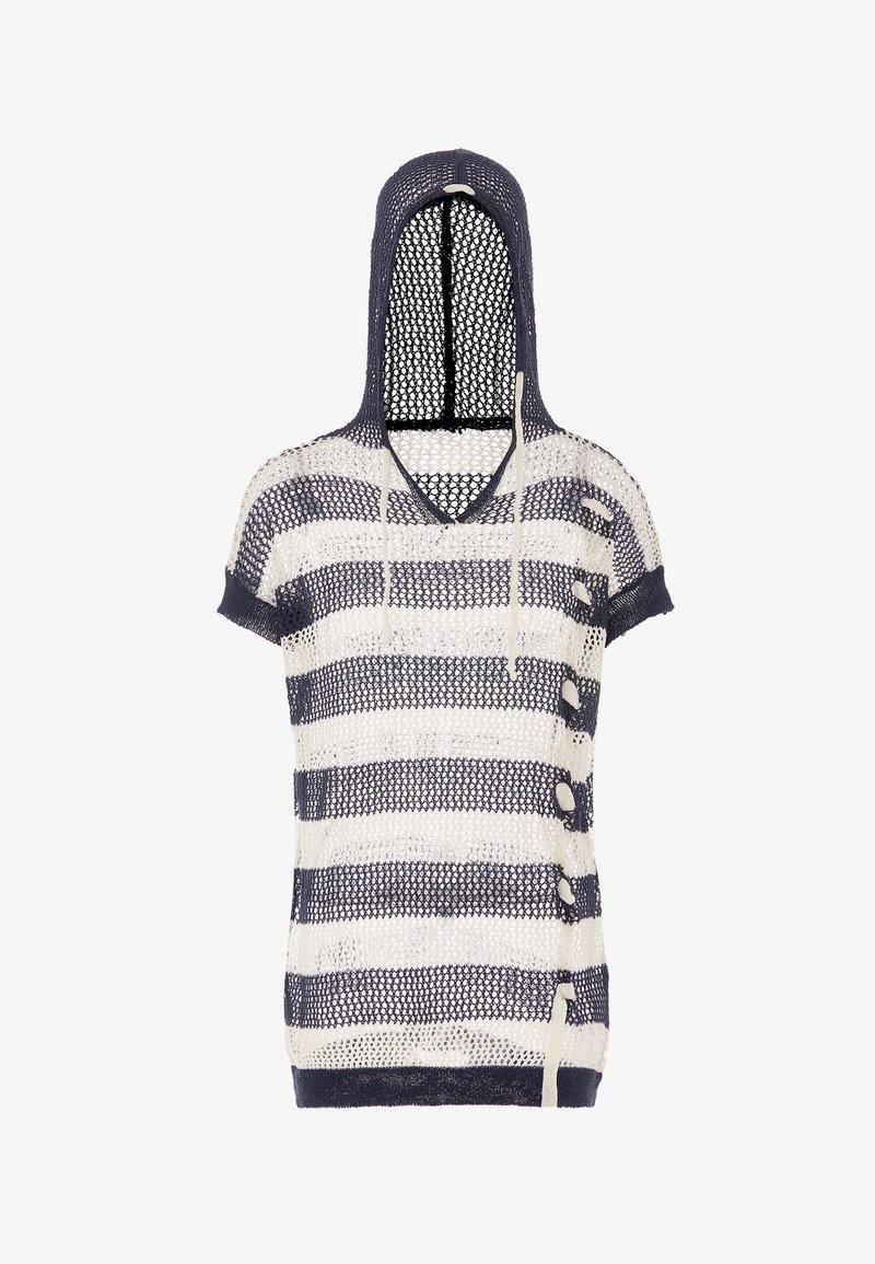 Felpa a righe blu navy e bianca in maglia con texture a rete, maniche corte, scollatura a V e bottoni laterali. Progettata per un'indossatura leggera e traspirante.