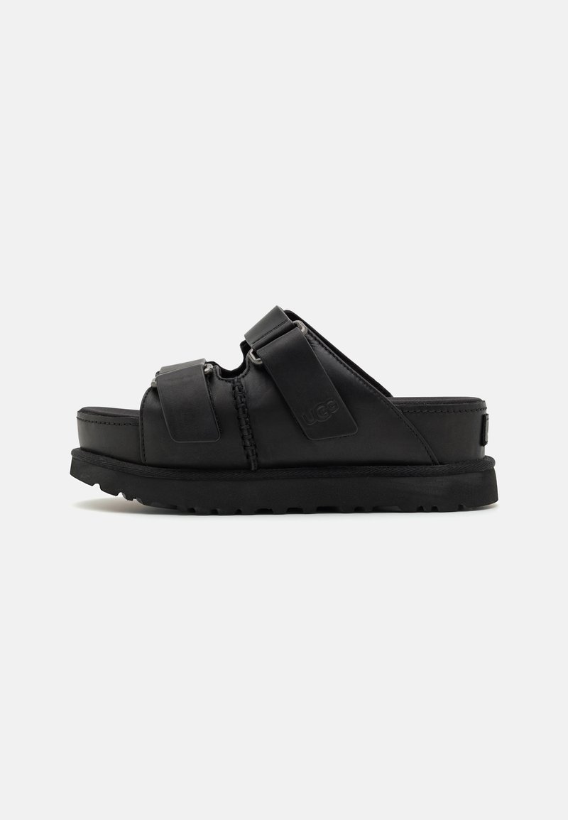 Sandales noires à glissière avec deux sangles réglables, semelle rembourrée et fond texturé. Fabriquées en matériau synthétique avec une marque UGG.