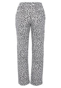 Leopard-print lightweight trousers, elastic waistband, straight-leg design, predominantly white with black spots, no visible pocket details.