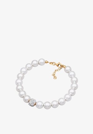 Perlenarmband mit runden weißen Perlen, einem funkeln Rhinestone-Akzent und einem goldfarbenen Verschluss mit einem verstellbaren Kettchen.