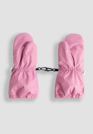 Różowe rękawiczki z elastycznymi mankietami i łącznikiem; wykonane z gładkiego materiału o lekkim połysku; zaokrąglone czubki bez dodatkowego osprzętu.