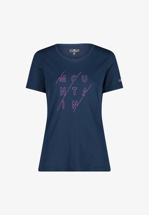 Laivastonsininen lyhythihainen T-paita, joka on valmistettu pehmeästä kankaasta ja jonka etupuolella on geometrinen vaaleanpunainen "MOUNTAIN"-kuvio.