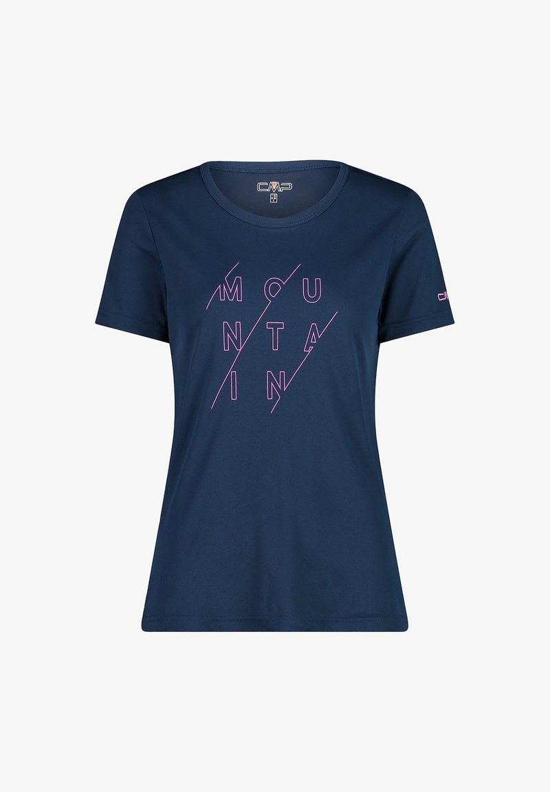 T-shirt à manches courtes bleu marine en tissu doux, avec un motif géométrique rose "MOUNTAIN" sur le devant.