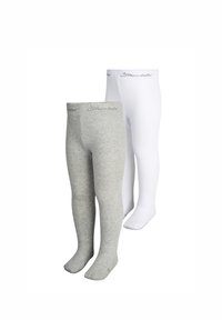 Graue und weiße Baumwollstrumpfhosen mit weicher Textur. Beide haben am Bund den Aufdruck "Skaventel".