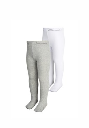 Graue und weiße Baumwollstrumpfhosen mit weicher Textur. Beide haben am Bund den Aufdruck "Skaventel".