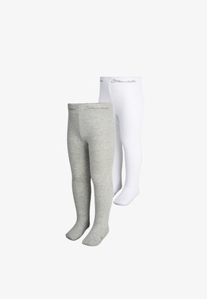 Graue und weiße Baumwollstrumpfhosen mit weicher Textur. Beide haben am Bund den Aufdruck "Skaventel".