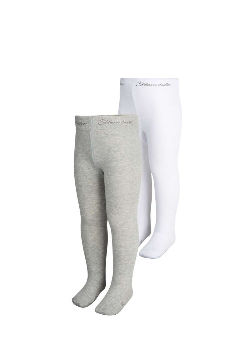 Graue und weiße Baumwollstrumpfhosen mit weicher Textur. Beide haben am Bund den Aufdruck "Skaventel".