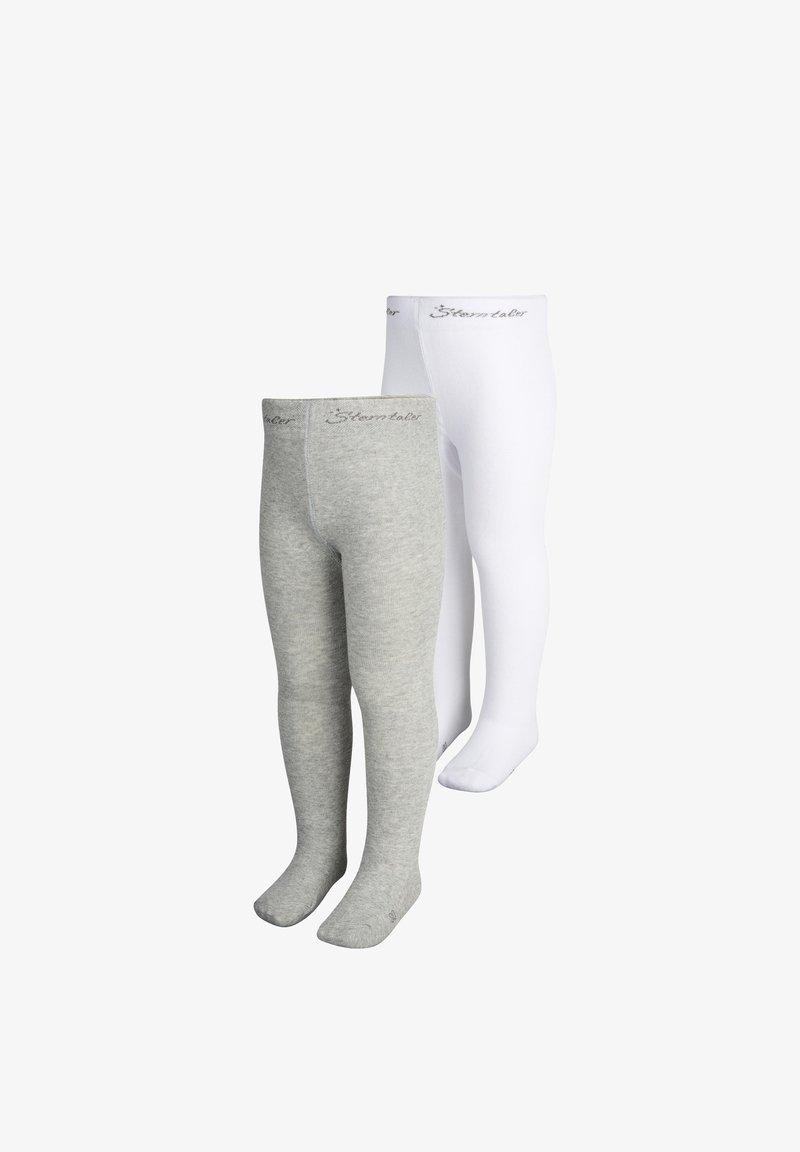 Graue und weiße Baumwollstrumpfhosen mit weicher Textur. Beide haben am Bund den Aufdruck "Skaventel".
