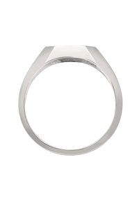 Skinande silverring med en platt, vinkelrät topp och ett slätt, runt band, visad mot en enkel vit bakgrund.