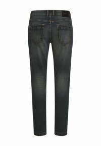 Dark denim jeans with a slim fit, featuring two back pockets, subtle fading, and a black label at the waistband.