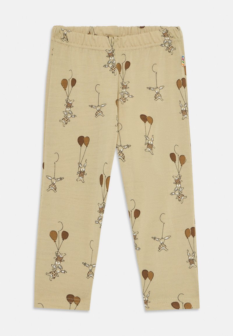 Beige színű gyerek leggings vidám nyuszi és kutya figurákkal, akik barna lufit tartanak, az egész anyagon.