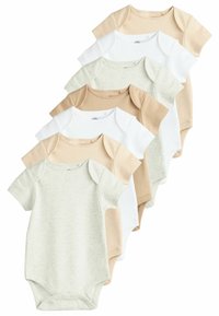 Set av sju kortärmade bodysuits i varierande neutrala toner: vitt, beige, ljusbrunt och mjukt grått. Tillverkade av mjukt, stretchigt bomullstyg.