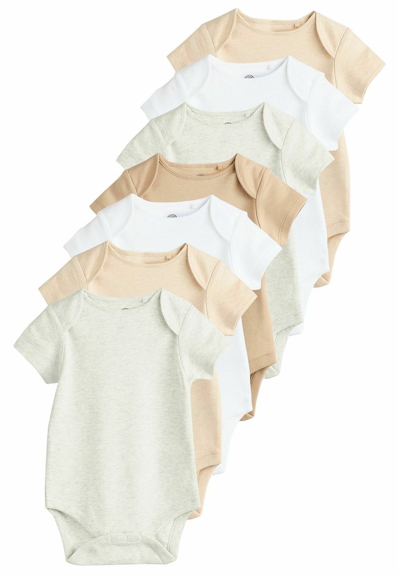 Set av sju kortärmade bodysuits i varierande neutrala toner: vitt, beige, ljusbrunt och mjukt grått. Tillverkade av mjukt, stretchigt bomullstyg.