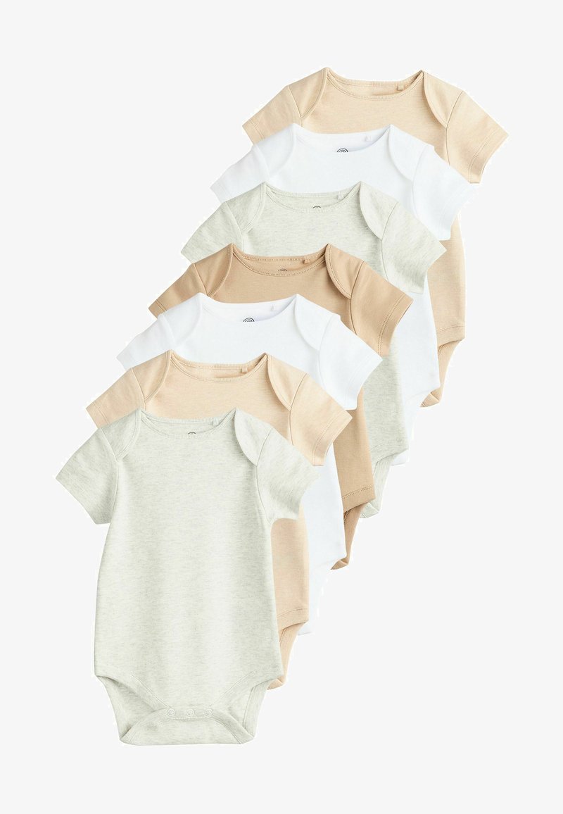 Set aus sieben kurzärmeligen Bodysuits in unterschiedlichen neutralen Tönen: Weiß, Beige, Hellbraun und Sanftgrau. Hergestellt aus weichem, dehnbarem Baumwollstoff.
