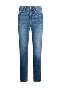 Jeans in denim blu con taglio dritto, dotati di vita media, passanti per cintura, cinque tasche e una finitura sbiadita con leggere sfumature.