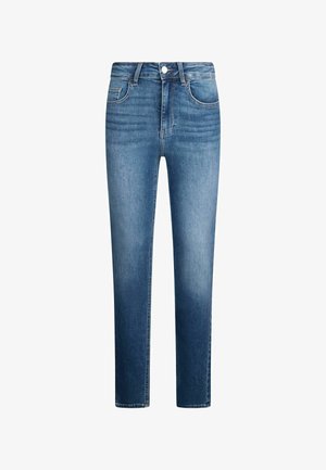 Jeans in denim blu con taglio dritto, dotati di vita media, passanti per cintura, cinque tasche e una finitura sbiadita con leggere sfumature.