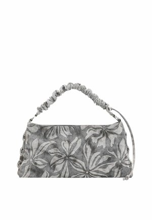 Hall hall ristkülikukujuline käekott suurte lillemustritega, voltide ja külje paeltega detailidega.