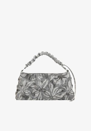 Gray rectangular handbag with large floral pattern, ruched handle, and side lacing detail.