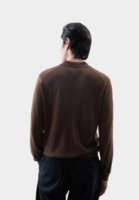 Bruine, lange mouwen sweater met een zachte textuur en geribbelde kraag, gezien van achteren, gecombineerd met donkere broek.