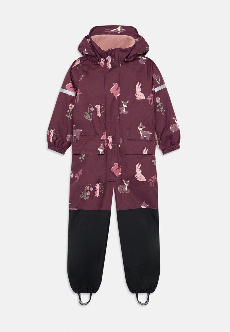Purpurowy i czarny kombinezon do śniegu z kapturem dla dzieci, z elastycznymi mankietami oraz nadrukami leśnych zwierząt i roślin, z odblaskowymi paskami na rękawach.