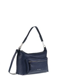 Borsa a tracolla in pelle blu navy con finitura testurizzata, dotata di una tracolla staccabile, tasca anteriore con zip e dettagli in metallo.