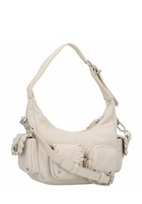 Bolso de hombro de cuero beige con acentos trenzados, múltiples bolsillos y una correa desmontable. Textura suave y detalles en metal plateado.