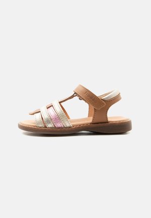 Child’s open-toe sandal with brown leather ankle strap and pink, silver, and beige perforated front straps.