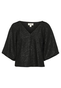 Top nero a maniche corte con scollatura a V e maniche a palloncino. Realizzato in tessuto testurizzato con un leggero lucido, presenta una vestibilità rilassata e cuciture a vista.
