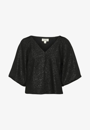 Juodas trumpas rankovėmis marškinėliai su V formos iškirpte ir pūstomis rankovėmis. Pagamintas iš tekstūruotos medžiagos su subtiliu blizgesiu, turi laisvą siluetą ir matomus siūlus.