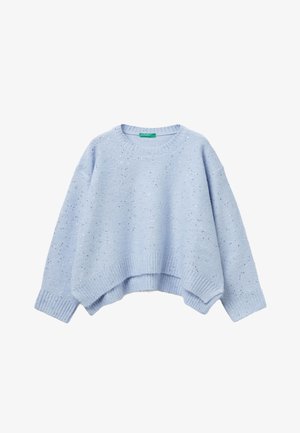 Hellesblauer, langärmeliger Strickpullover mit silbernen Pailletten, gerippten Bündchen und Saum sowie einer leicht verkürzten, lockeren Passform.