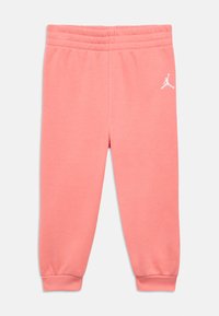 Φούτερ παντελόνι σε κοραλί χρώμα από μαλακό ύφασμα, με ελαστική μέση, ριμπ μανσέτες και λευκό λογότυπο στο αριστερό πόδι.