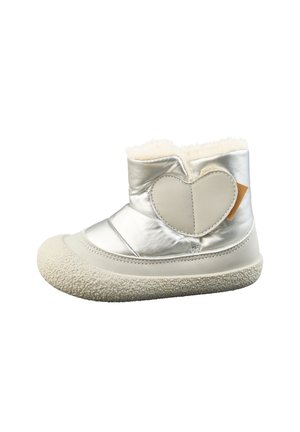 Silver toddler boot with soft fleece lining, textured sole, and heart-shaped patch on outer side.
