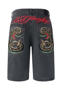 Black denim shorts featuring embroidered snake designs and red "Ed Hardy" text on the back pockets. Stylish and bold fashion statement.
