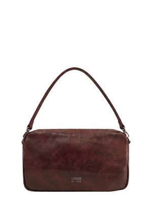 Sac à épaule rectangulaire en cuir marron foncé avec une seule bandoulière et des fermoirs argentés, présentant un petit logo "Coveri active" à l'avant.