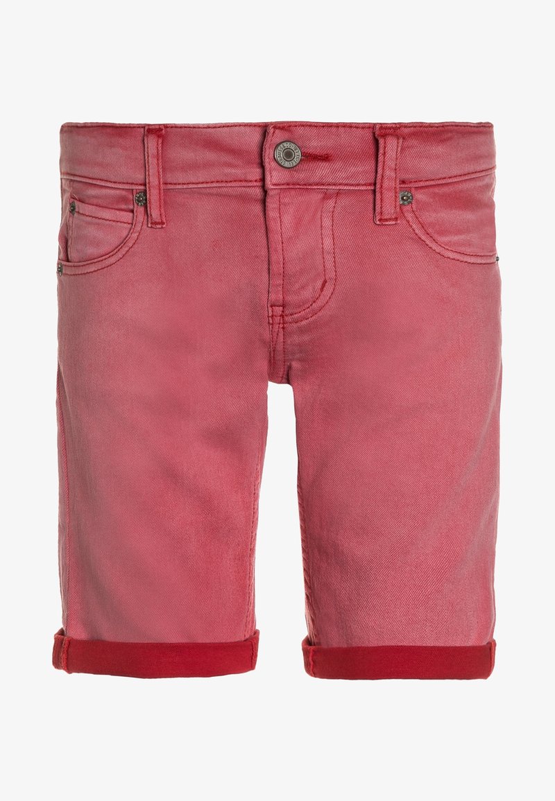 Rode denim shorts met een opgerolde zoom, voorzien van een sluiting met knoop aan de voorkant en een traditionele vijf-pocket stijl. Gladde textuur zonder patronen.