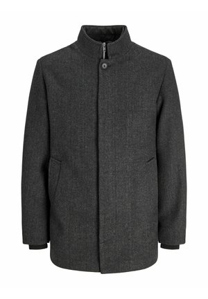 Cappotto grigio a spina di pesce con colletto alto, chiusura con zip e bottoni, tasche laterali e polsini in maglia. Tessuto testurizzato con un design classico.