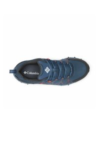Scarpa da trekking in rete blu con suola in gomma nera e dettagli arancioni. Dispone di colletto imbottito, lacci e logo Columbia sulla soletta.