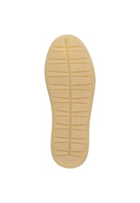 Gummisohle in Beige, ausgestattet mit einem Rautenmuster und Rillen für besseren Halt, sowie eingeprägtem Markentext in der Nähe der Ferse. Größe ist mit 37 gekennzeichnet.