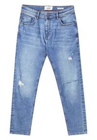 Blå denimjeans med en klassisk design, slitna detaljer, rak benform och subtil utbåtning genom hela plagget.