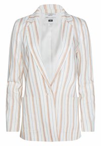 Vit linneblandad blazer med persikofärgade och tunna svarta vertikala ränder, enkel vit knäppning, slag med snibbar och framfickor.