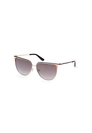 Ochelari de soare tip cat-eye cu lentile gri cu gradient, ramă din metal aurit, accente negre pe brațe și detalii portocalii în colțurile superioare.