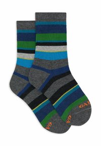 Calzini a righe realizzati in tessuto grigio, caratterizzati da bande orizzontali blu, verdi e nere. Accentuati da una scritta arancione sulla punta.