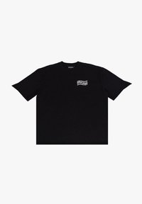 Zwarte katoenen t-shirt met korte mouwen, ronde hals, met een wit grafisch ontwerp op de linkerborst. Eenvoudige, ontspannen pasvorm.
