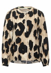Blusa a stampa leopardata in beige e nero, con maniche lunghe, scollatura rotonda e chiusura con bottoni. Tessuto liscio con un aspetto leggermente strutturato.